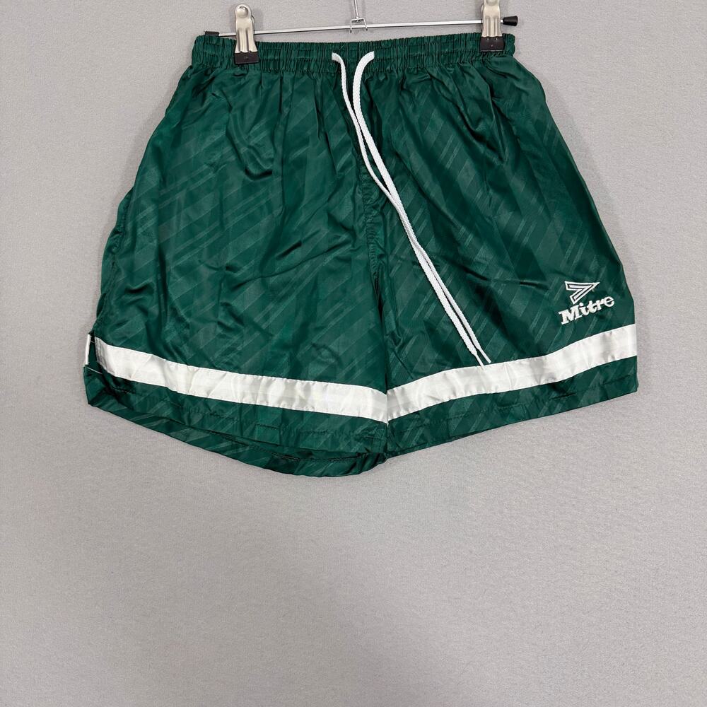 Vintage MITRE Tournament Shorts Size Small Green White Nylon Shiny Soccer 90s